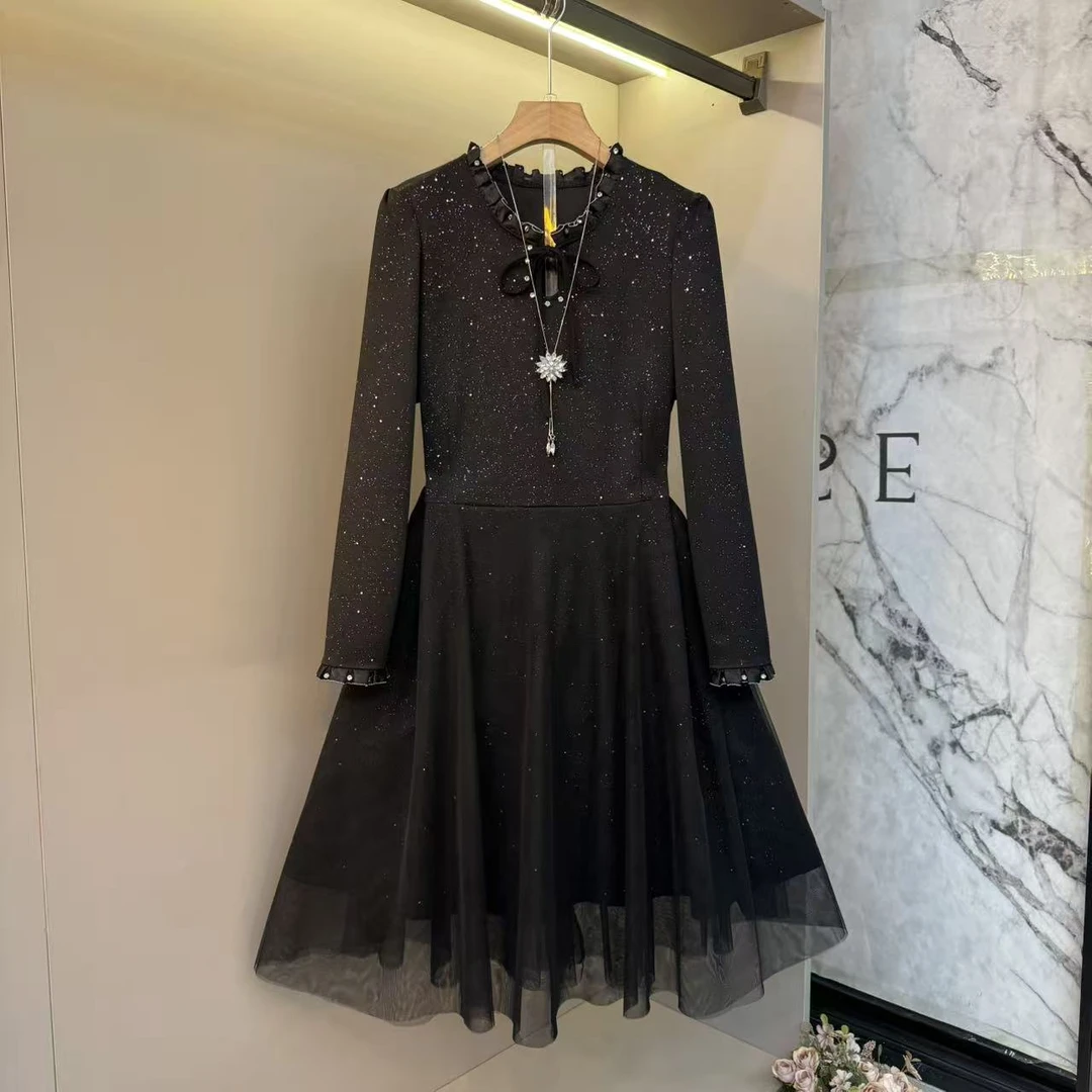 2025秋冬欧货蕾丝洋气撒星款小香风时尚收腰胖mm显瘦连衣裙565