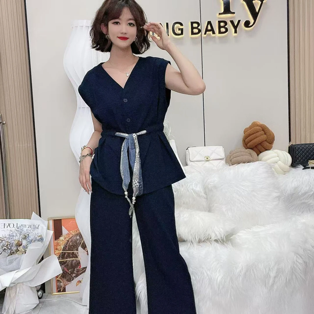 YY大码(竞技佳人)夏季显瘦拼接收腰时尚设计师气质套装