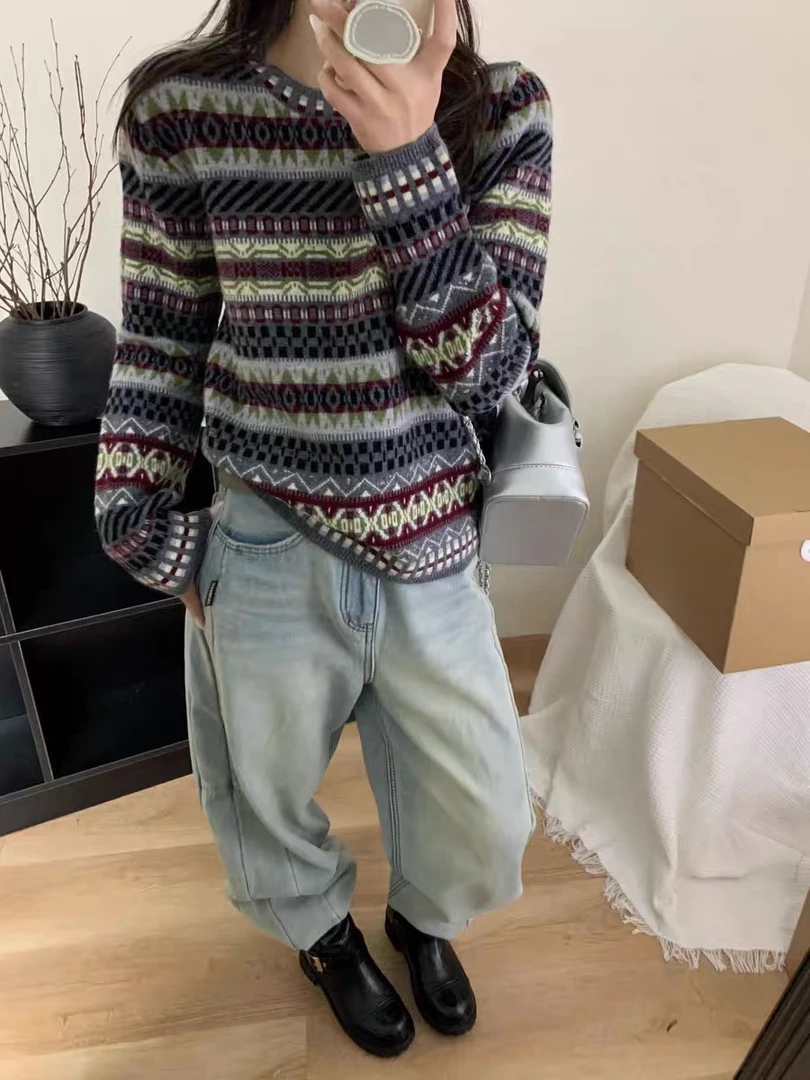 慵懒风超好看设计感8677条纹毛衣开衫外套女秋冬新款提花软糯潮