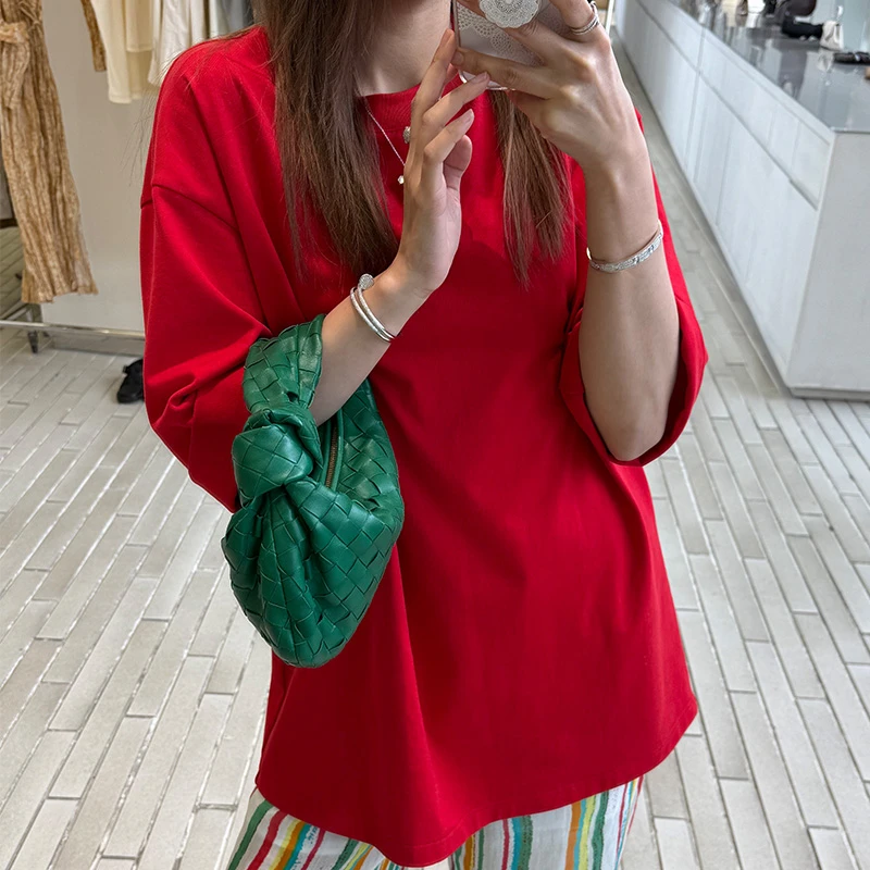 Janie Yee”早餐Tee“ 休闲圆领100棉红色长款宽松T恤女 24A2752