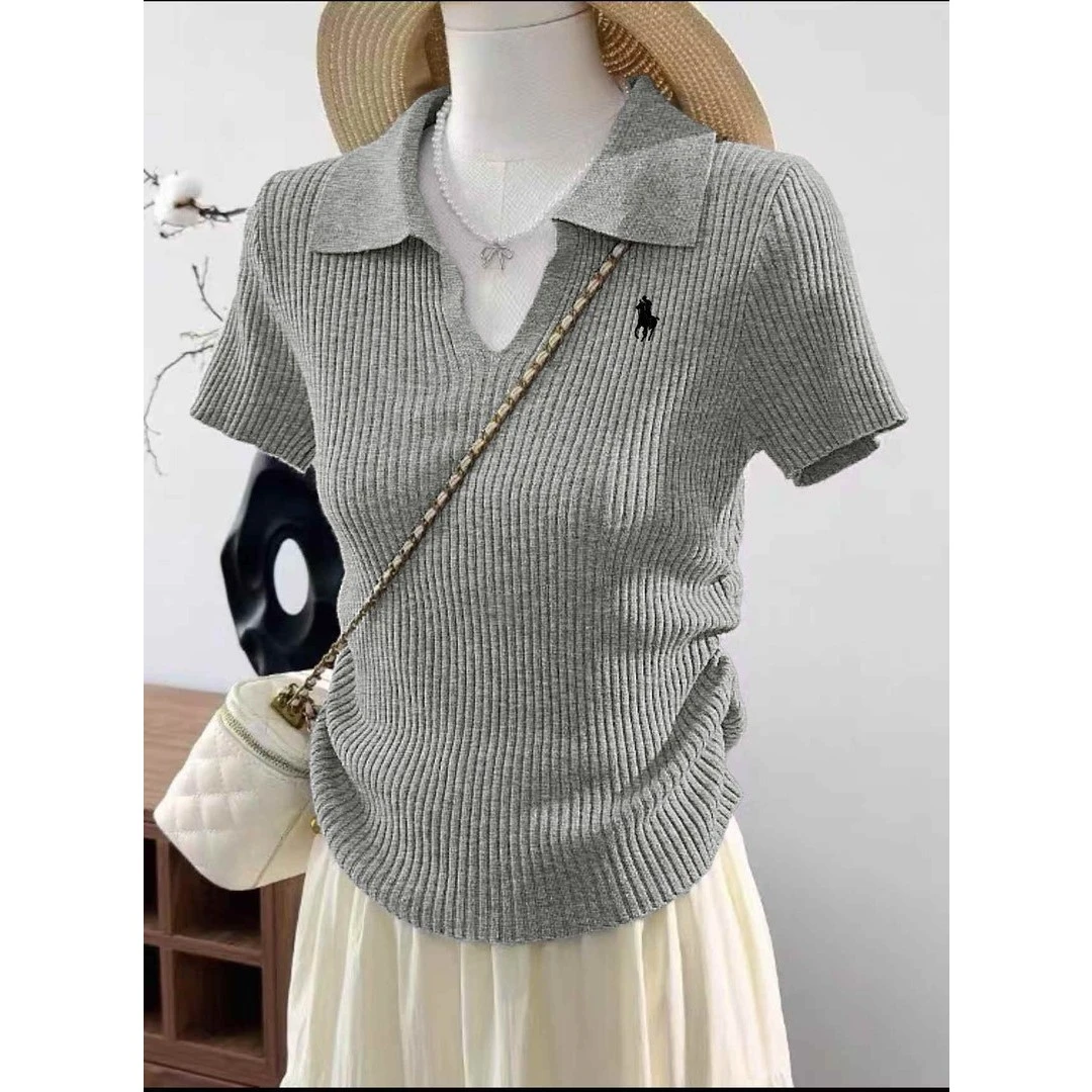 大码polo领正肩短袖t恤女夏季v领胖mm宽松显瘦短款针织上衣