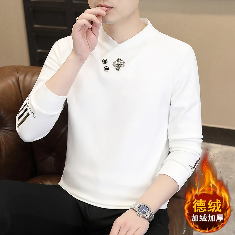 2024秋冬男士新款双面德绒假两件半高领打底衫时尚百搭保暖卫衣潮