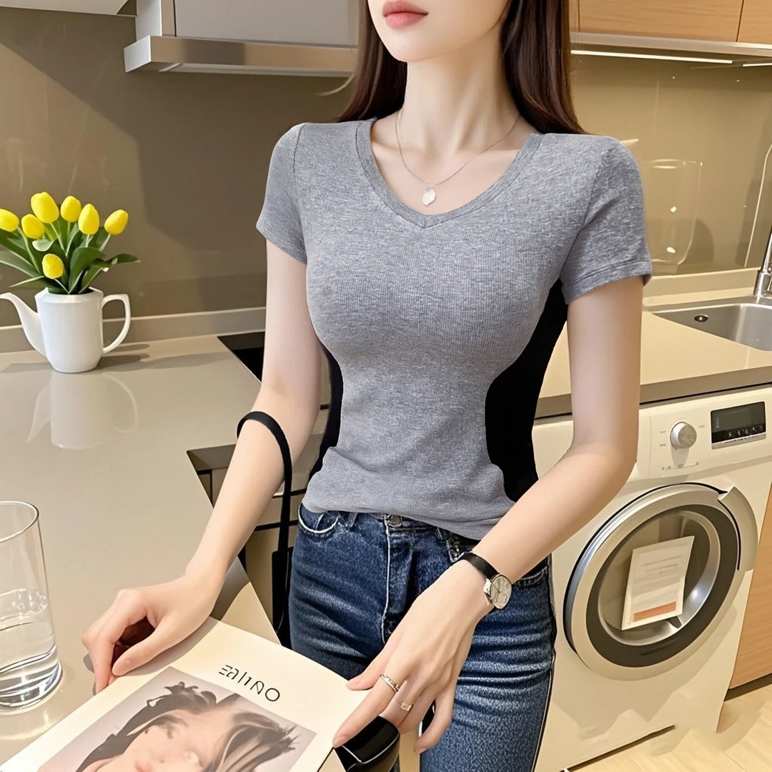 V领撞色短袖t恤女夏季显身材显瘦修身百搭设计感小众螺纹上衣潮