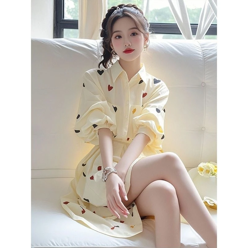 千语栀【悄然心动】韩版印花衬衫连衣裙小个子连衣裙145-150高级感