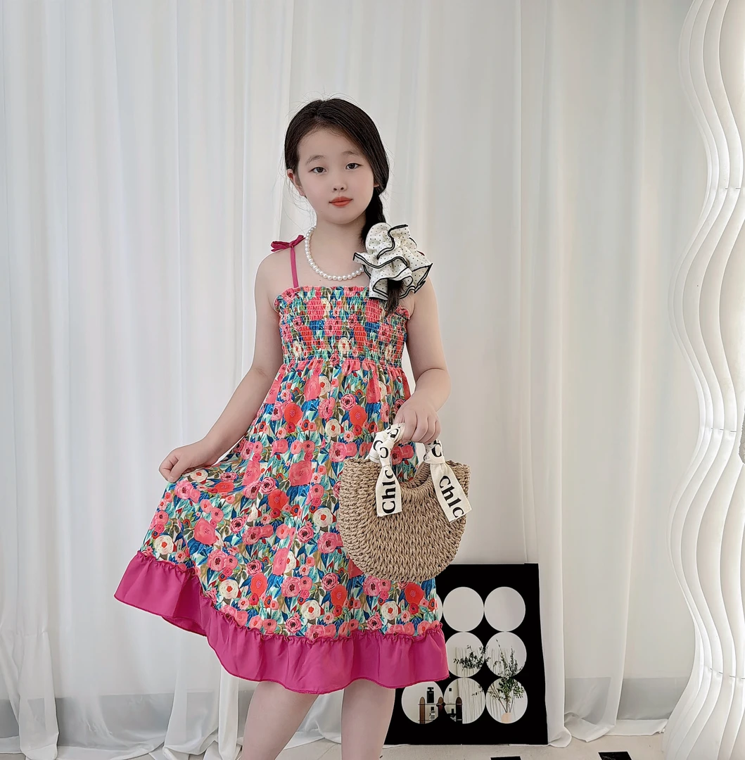 女童连衣裙夏季洋气女孩莫奈花园时尚气质沙滩裙子