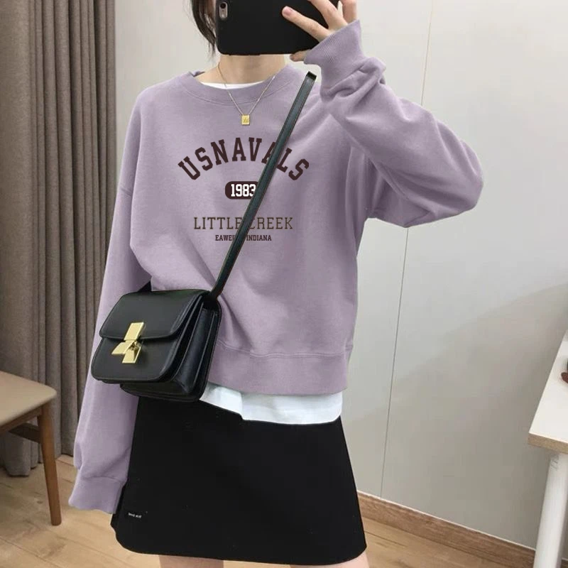 假两件圆领套头短款卫衣女加绒加厚秋冬上衣宽松小个子春秋薄款