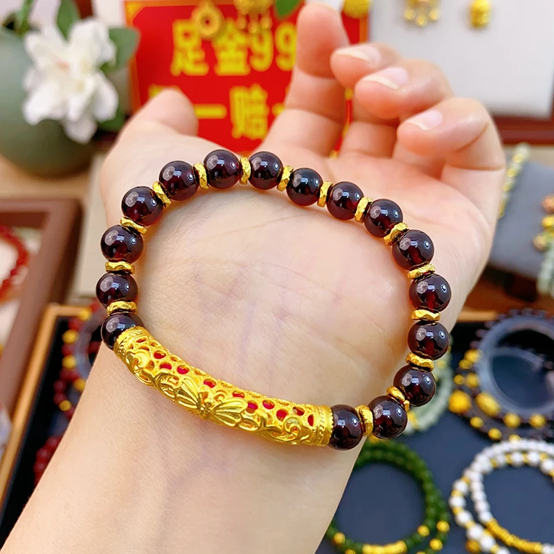 足金999蝴蝶结弯管手串女士百搭时尚满圈盘缠手链5D硬金工艺首饰