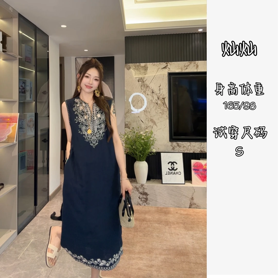 【灿灿专属】连衣裙刺绣A字裙设计感无袖宽松腰提花工艺
