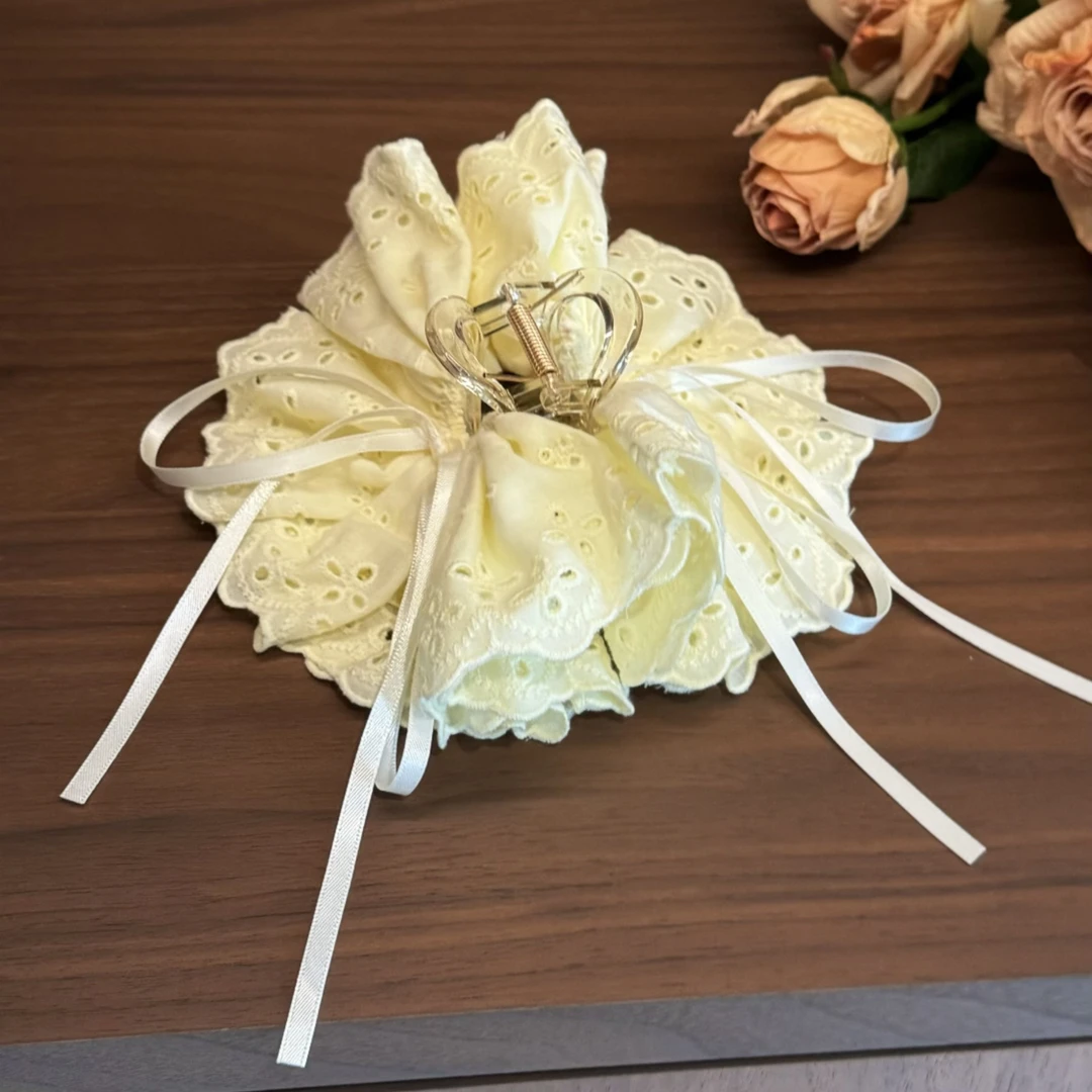 杨杨babytime 甜美小鸡黄蕾丝裙摆花朵抓夹8cm超仙蝴蝶结马尾夹
