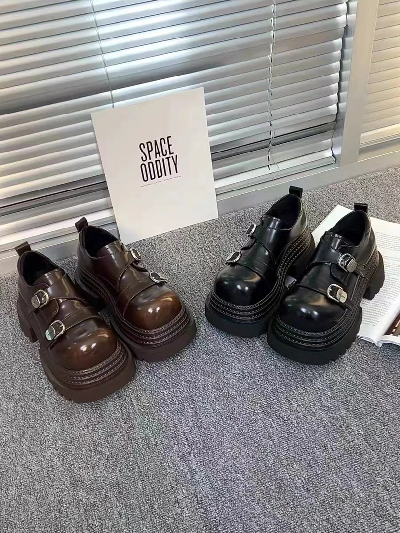 广州欧货【七七家】真皮8厘米矮个子复古英伦风时尚松糕乐福鞋百搭