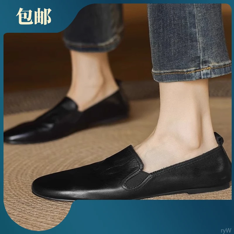 软羊皮女鞋法式复古平底乐福鞋女2025新款英伦风真皮百搭软底单鞋