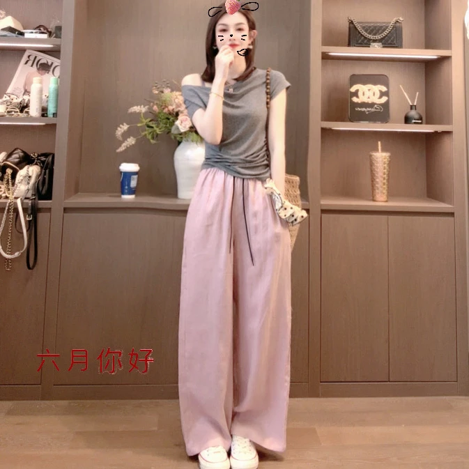 容容定制 百搭显瘦松紧腰抽绳苎麻阔腿休闲裤简约薄款宽松663