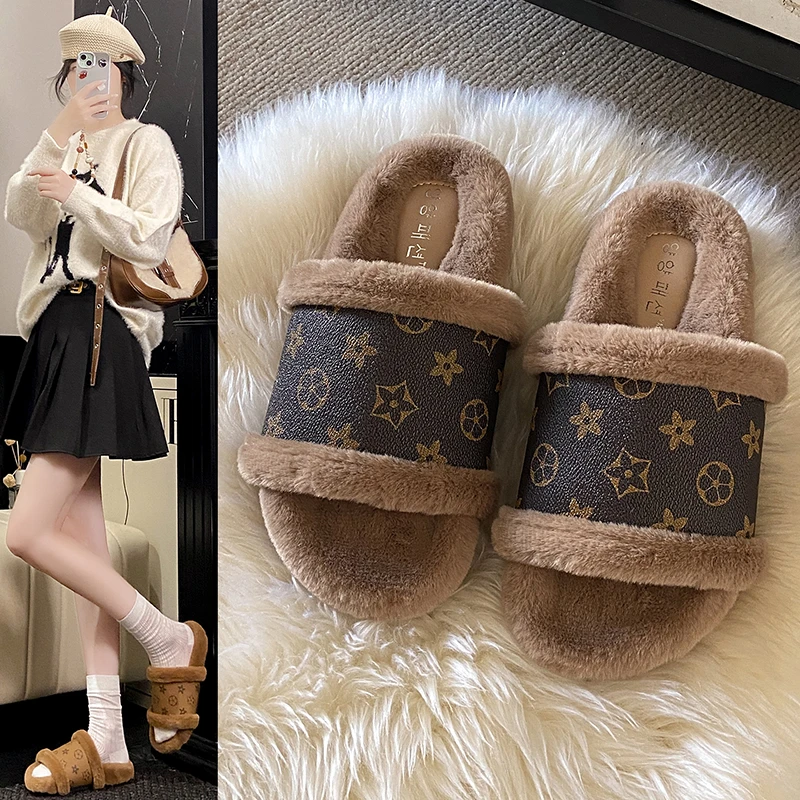 小香风软底外穿毛毛拖鞋女2025秋冬新款百搭保暖休闲一字棉拖鞋子
