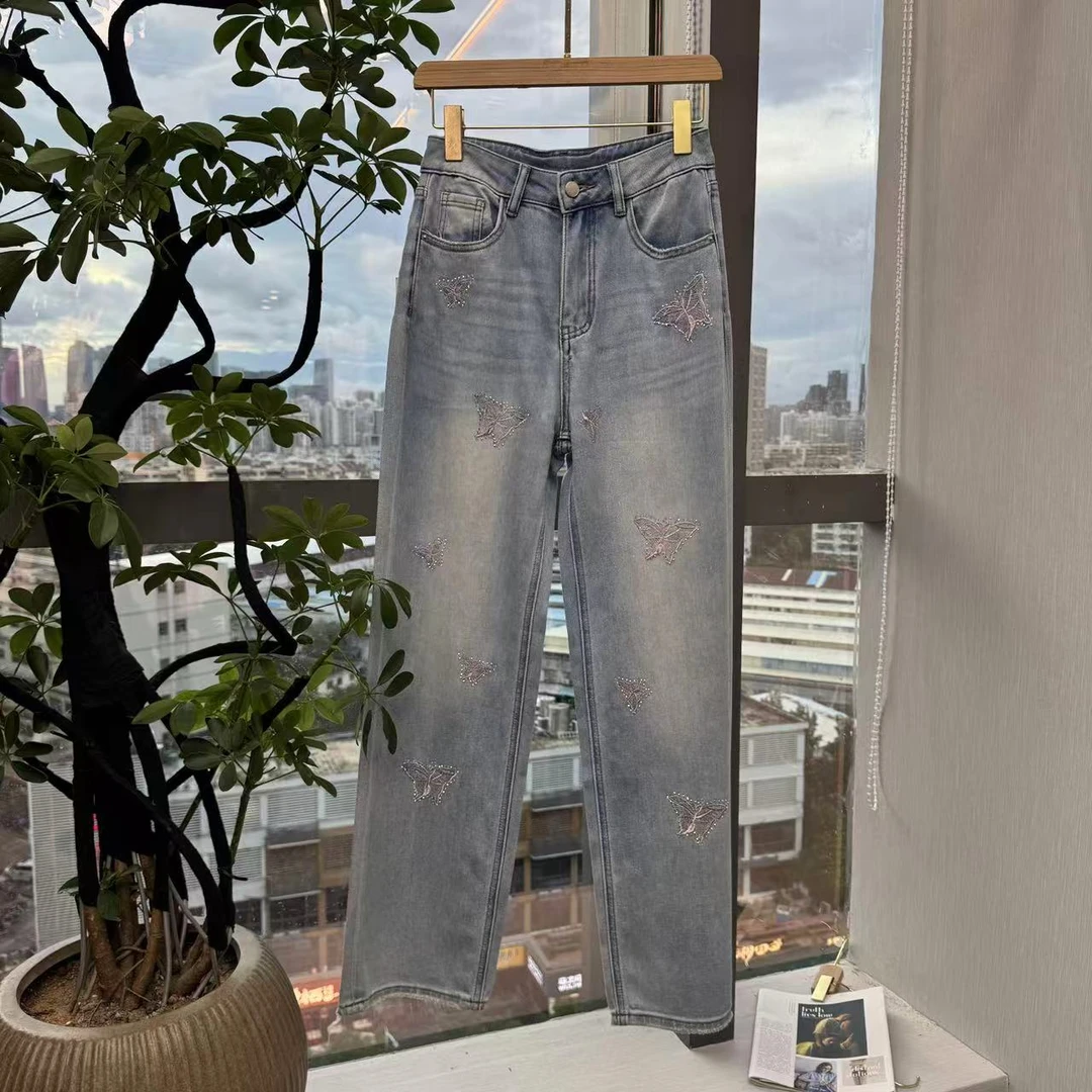2025年夏季蝴蝶刺绣新款牛仔长裤经典百搭神裤