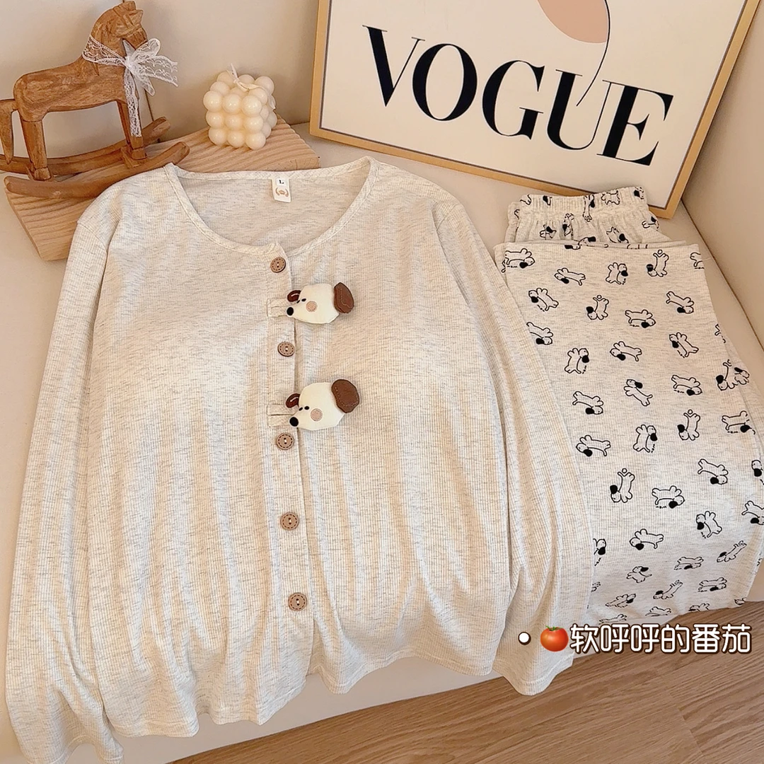 立体修狗｜春秋季睡衣女款高级感莫代尔长袖带胸垫家居服套装
