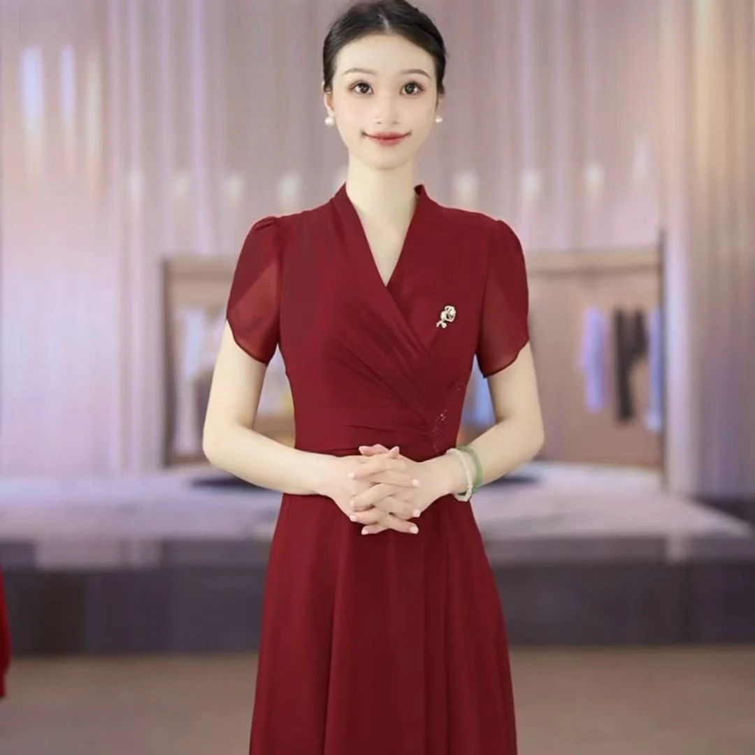 SUSSI/古色夏季高端新品交插领泡泡短袖经典X型连衣裙