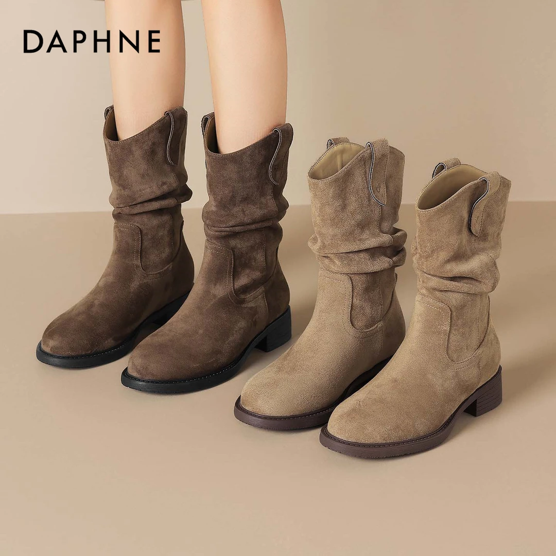 达芙妮气质优雅复古时装靴2025秋冬新款美拉德棕色褶皱中筒马丁靴