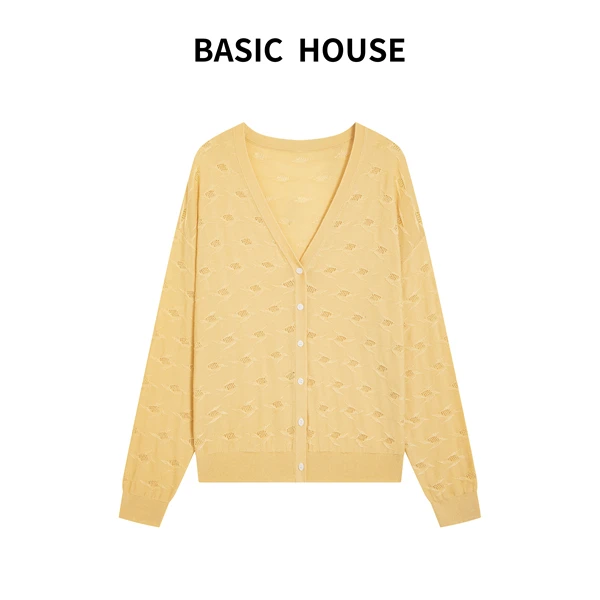 Basic House/百家好HY时尚通勤提花防晒长袖针织衫女显白开衫