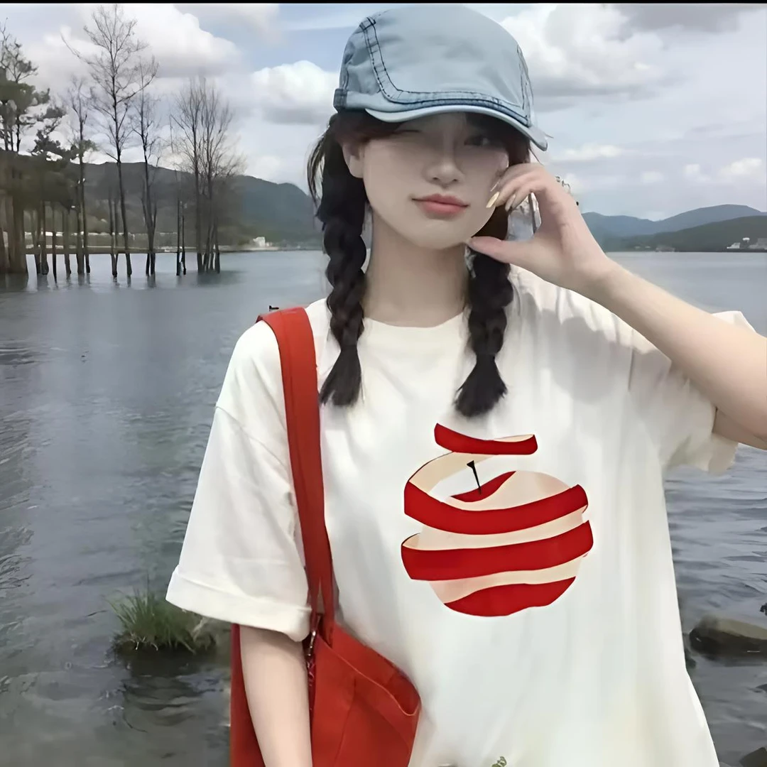 【苹果】夏季新款国潮复古显瘦白色半袖t恤设计感休闲