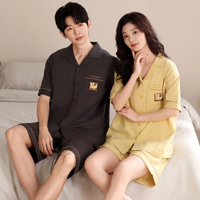 夏季纯棉情侣男女短袖短裤开衫家居服睡衣夏天套装可外穿薄款宽松