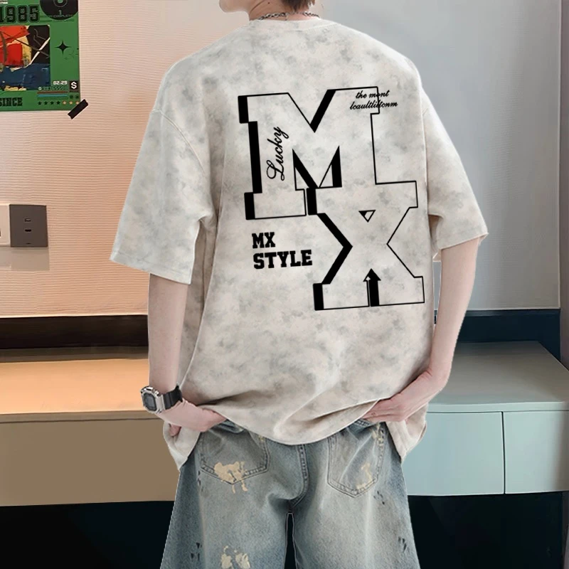 扎染纯棉短袖t恤男生宽松大码上衣美式潮牌夏装运动休闲情侣半袖