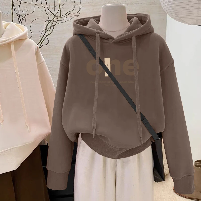 设计感小众秋冬新款2025加绒加厚套头连帽卫衣女短款宽松韩版外套