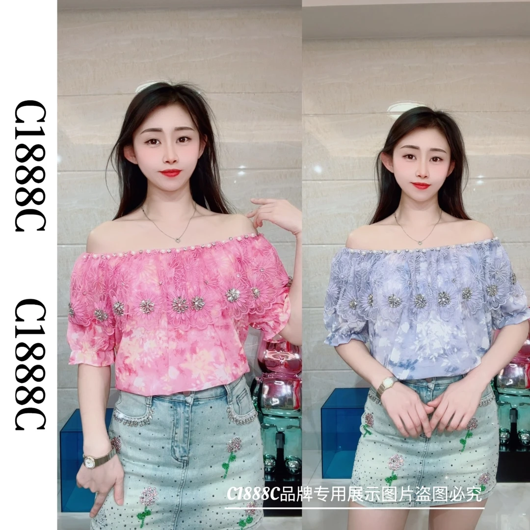 2420#C1888C品牌正品高端订制重工时尚半袖上衣