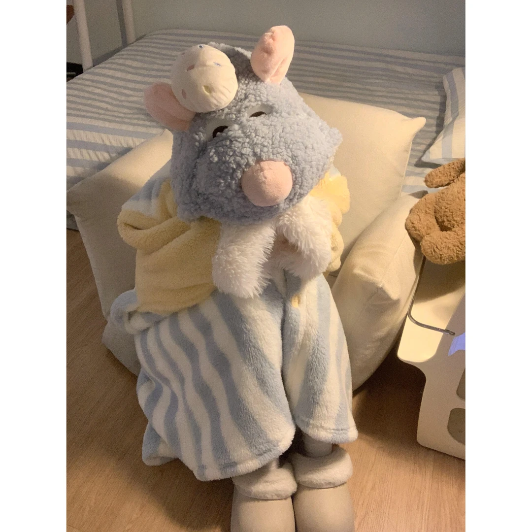 卡通料理鼠王珊瑚绒睡袍保暖睡衣女秋冬季加绒加厚连帽外套家居服