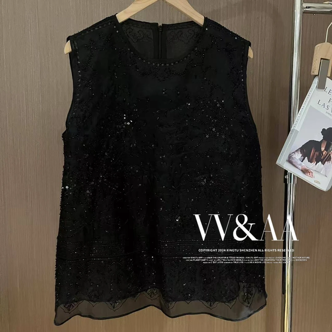 VV&AA 重工钉珠刺绣宽松欧根纱真丝背心马甲 ANA4352