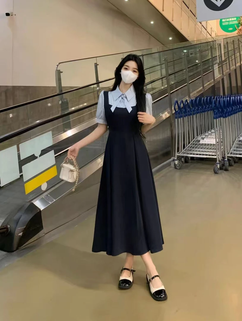 法式学院风短袖连衣裙女夏大码胖mm显瘦假两件蝴蝶结衬衫长裙子