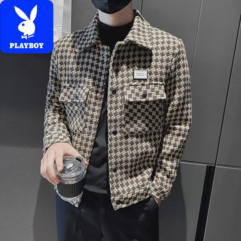 花花公子小香风外套男士秋冬款千鸟格韩版上衣帅气工装夹克男秋季
