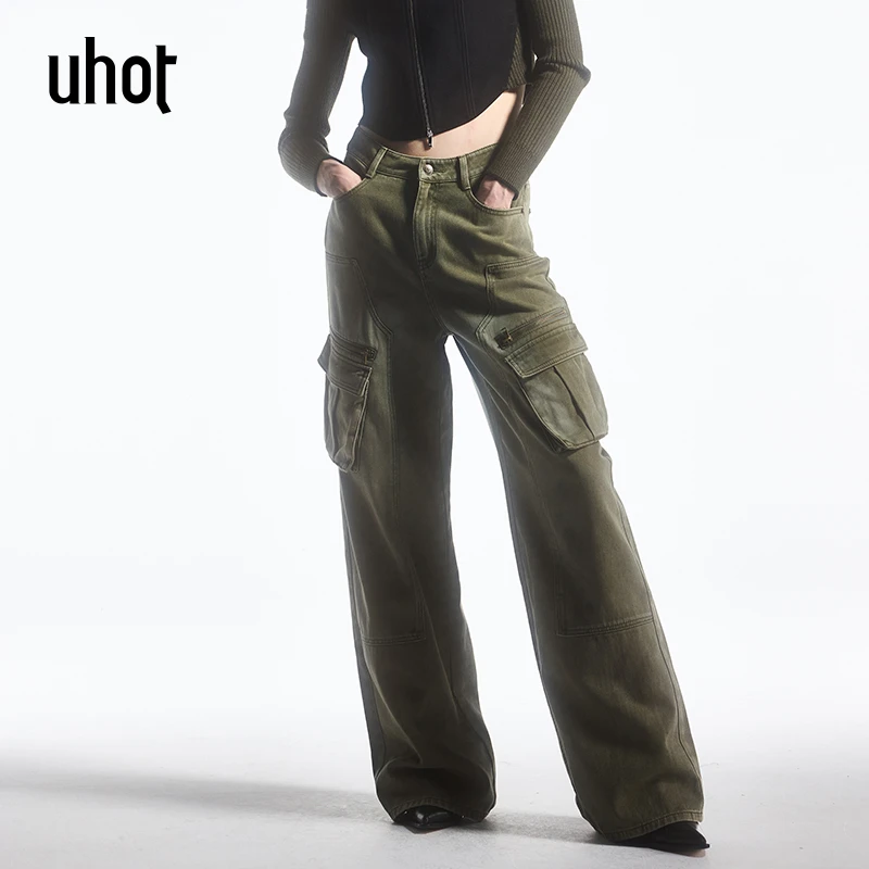 UHOT/诱货军绿色直筒阔腿牛仔裤女工装立体口袋装饰设计UWFW1K120