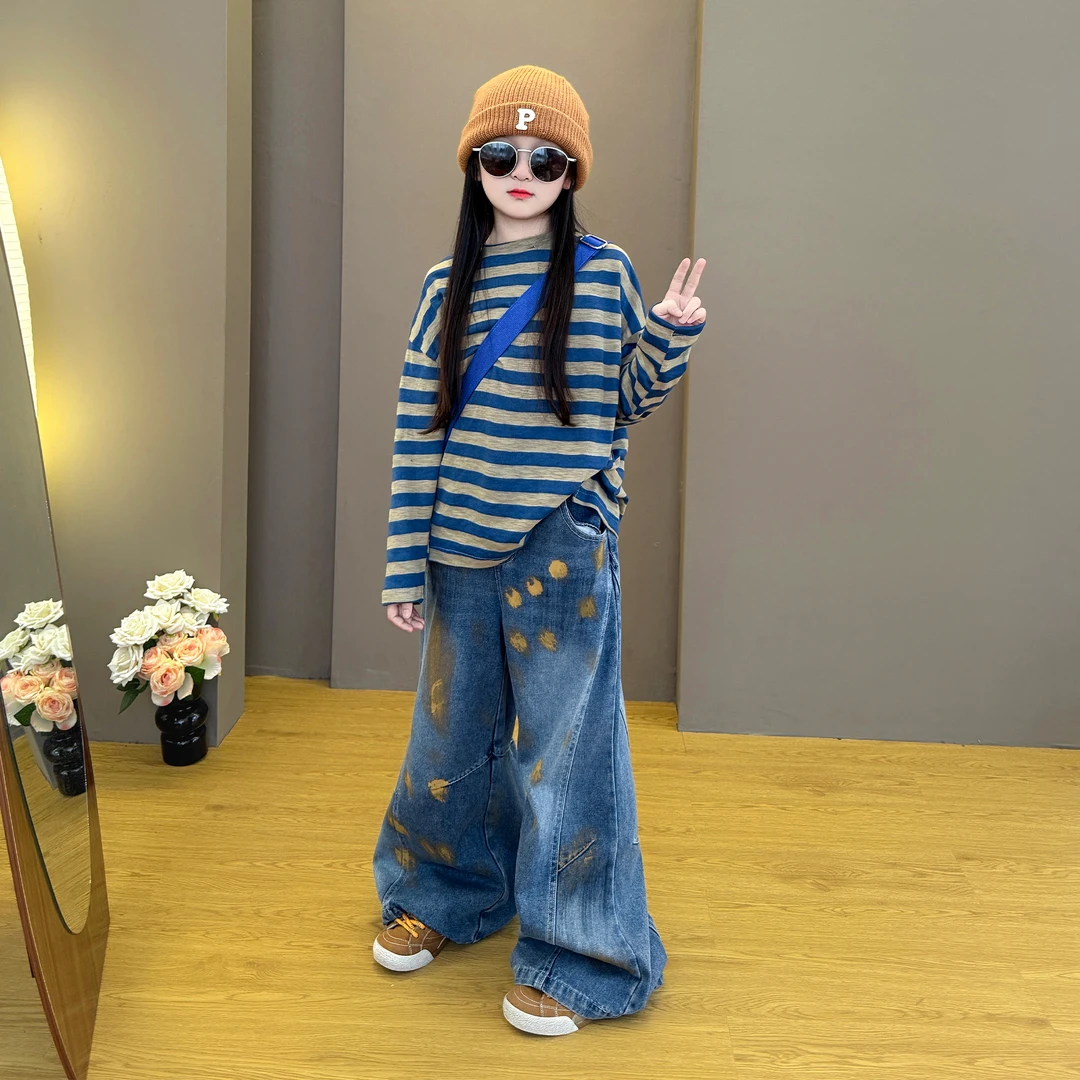 女童卫衣套装春秋款2025新款女条纹宽松上衣儿童超好看牛仔套装潮