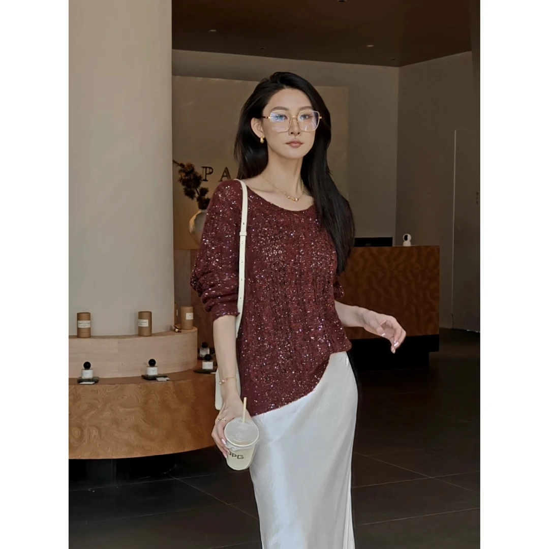 【鎏金梅洛酒红】纸片人复古主义修身圆领显亮片2025秋冬毛衣 FZ2C1