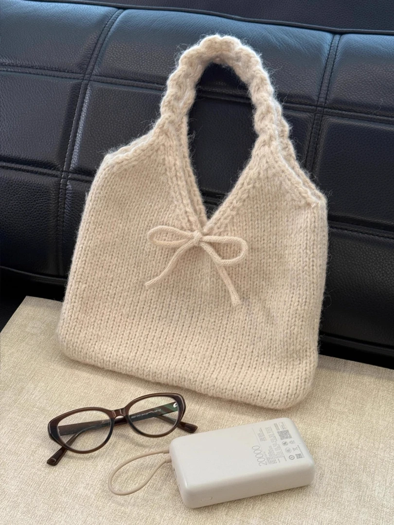 秋冬韩系针织毛线包系带上班杂物手拎包大容量小众百搭单肩手提包