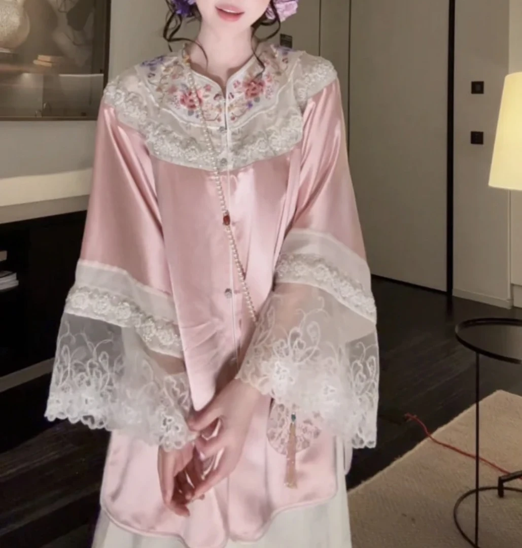 【绮罗香】粉色牡丹绣花圆领女袍 定制套装