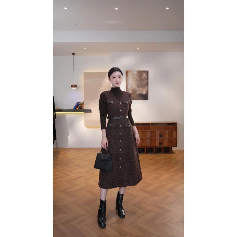 【WW】复古风显瘦默认款式连衣裙女装轻奢秋冬时尚 H-1578