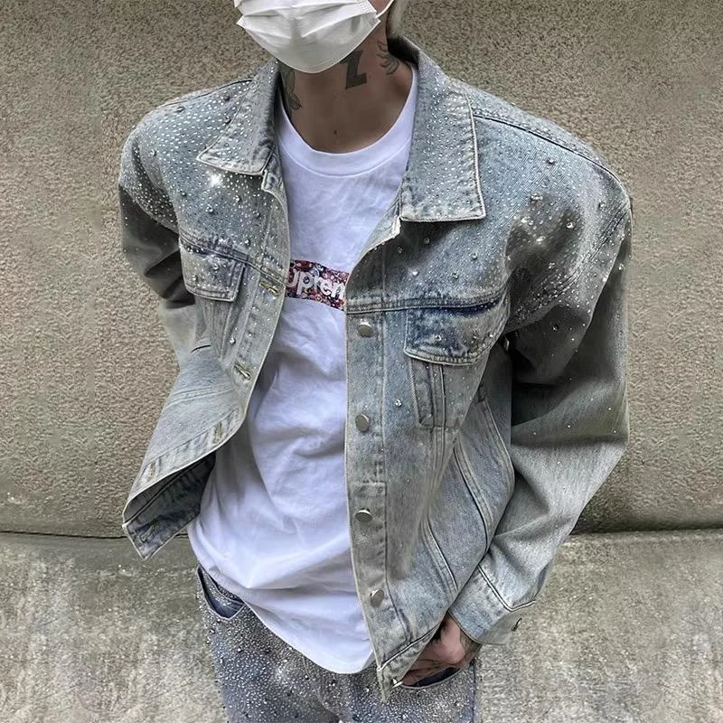 2025春秋新款水洗烫钻手工牛仔夹克高级外套休闲高街小众翻领男女