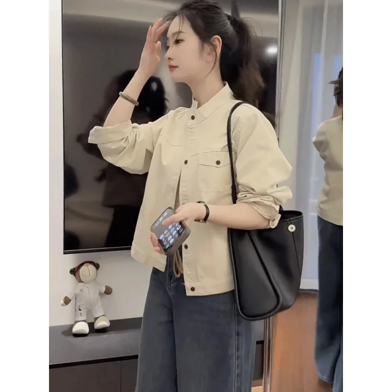 工装立领衬衫短款外套女春季新款复古小个子休闲显瘦百搭夹克上衣