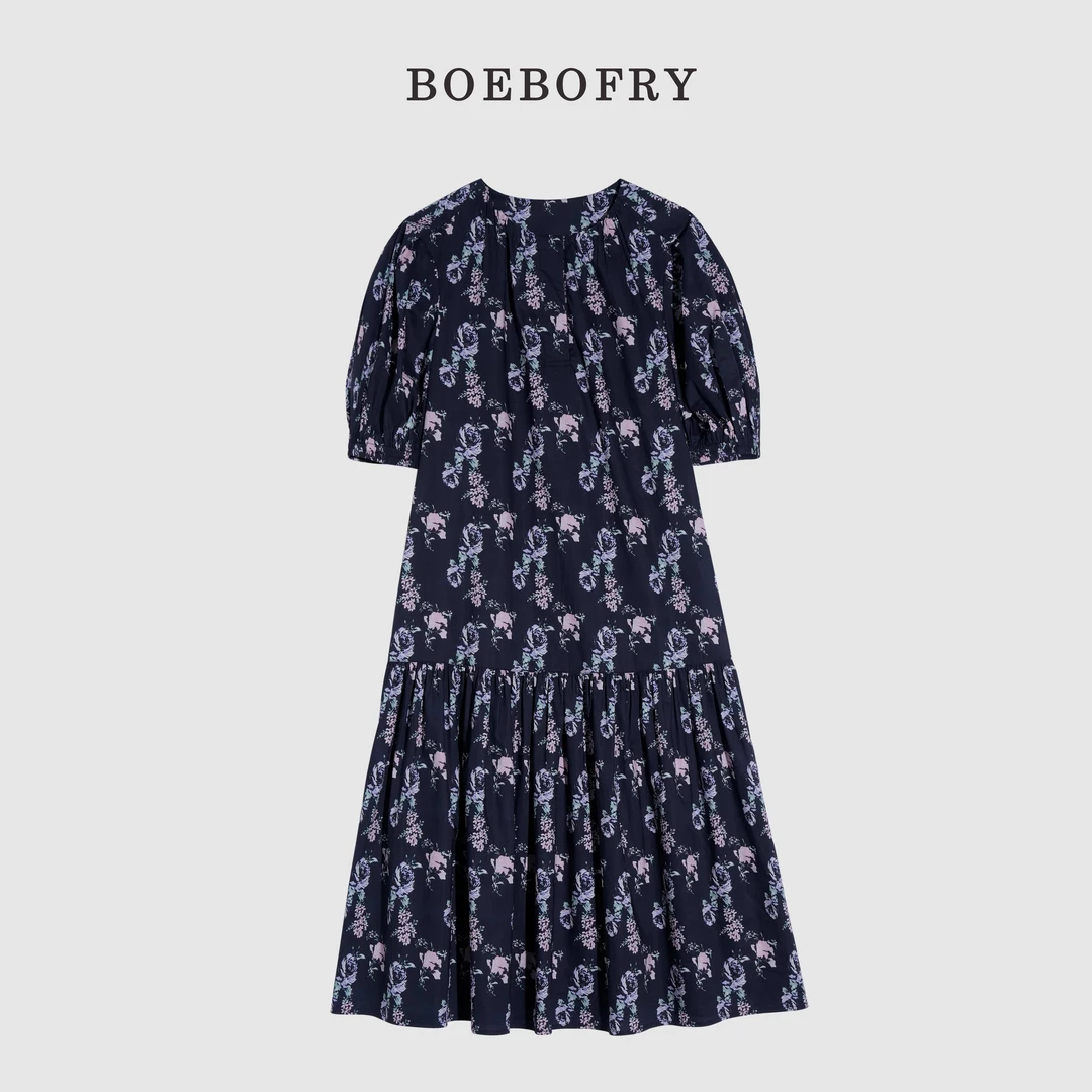 BOEBOFRY<星夜蔷薇>夏季100%棉气质显瘦收腰碎花连衣裙BE2L0911