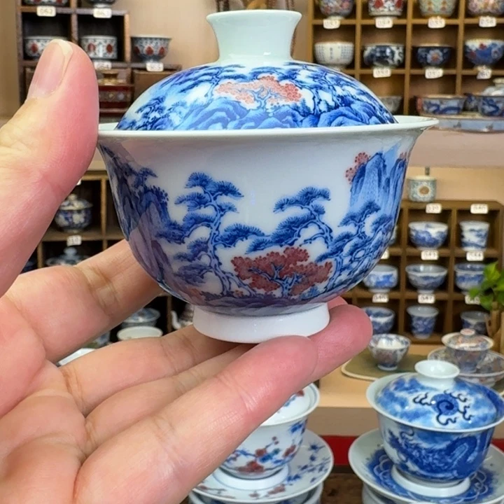 S***芙望月御品手绘青花釉里红山水盖碗