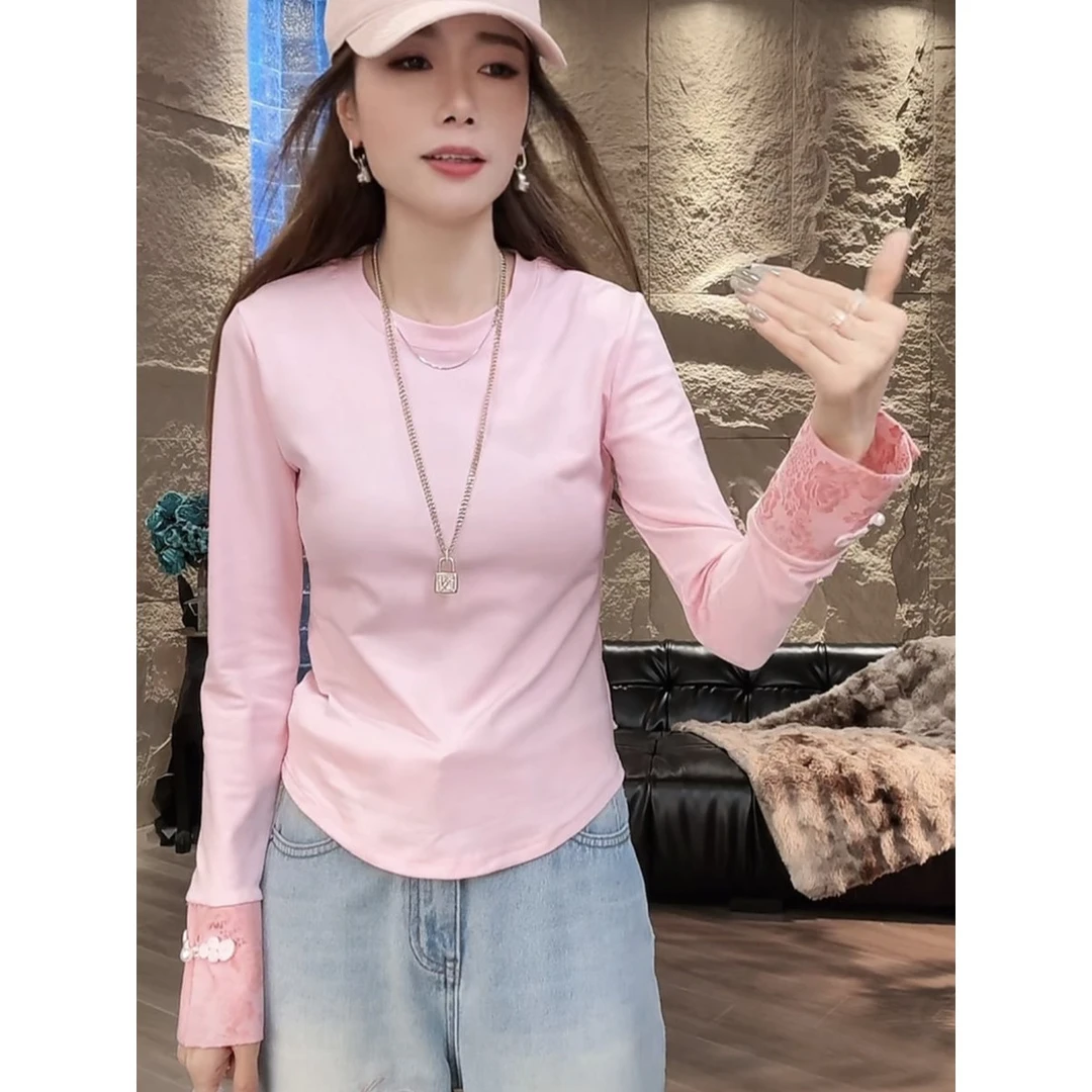 新中式国风圆领长袖T恤女早春时尚洋派减龄修身显瘦盘扣刺绣上衣