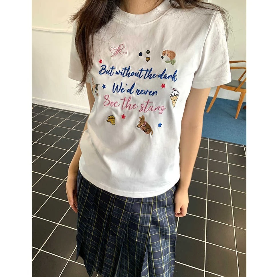 韩系少女圆领短袖正肩T恤女字母动物刺绣童趣减龄显瘦夏季上衣