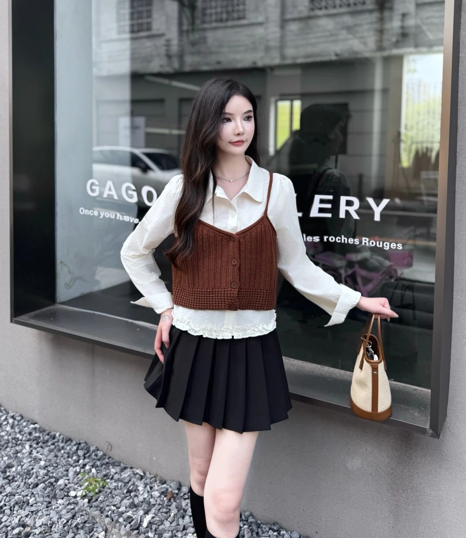 2025秋季新款时尚韩版宽松显瘦长袖衬衫女千金风针织吊带两件套潮