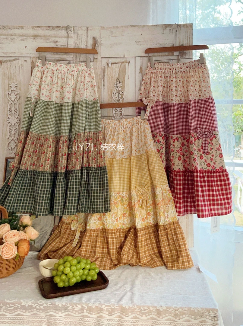 半裙 半身裙 森女系重工格子碎花拼布裙子夏季