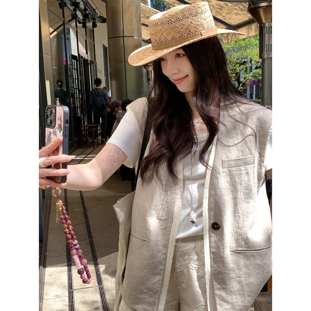 夏诗文 100%雨露麻亚麻撞色毛边V领无袖廓形马甲女