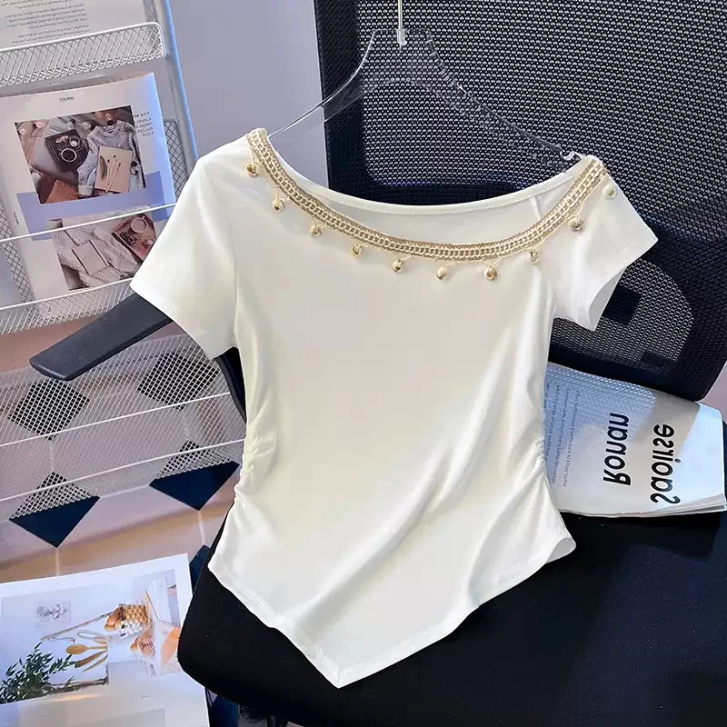波西米亚风一字领短袖t恤女2025夏季新款不规则褶皱显瘦辣妹上衣