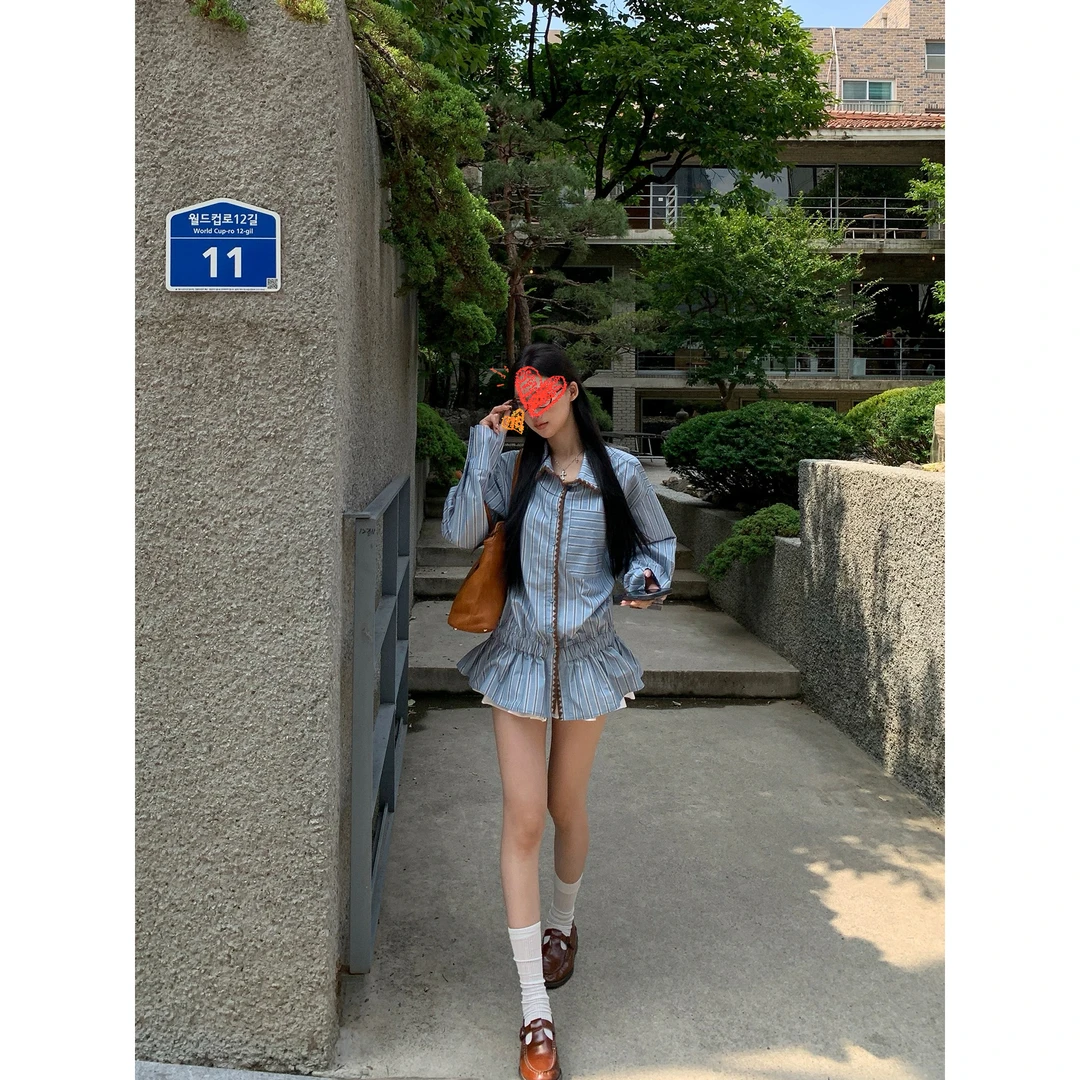 #韩风日杂 蓝色条纹polo领长袖衬衫早秋宽松衬衣配腰带