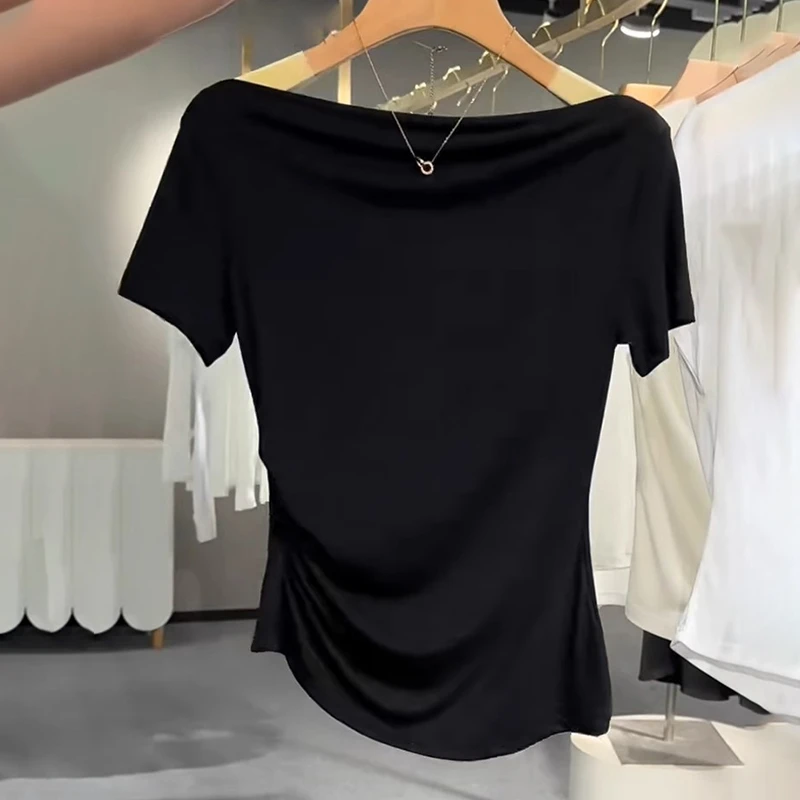 2025夏季新款黑色高级感修身短袖T恤女显瘦减龄洋气休闲上衣