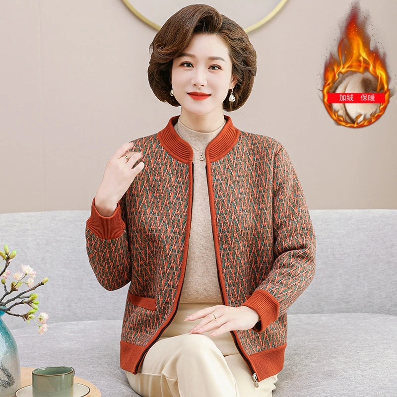 中老年人冬装毛衣外套女奶奶加绒开衫衣服老太太加厚60岁秋冬上衣